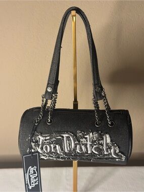 Von Dutch Black Barrel Shoulder Bag with Silver Embroidered Logo NWT
